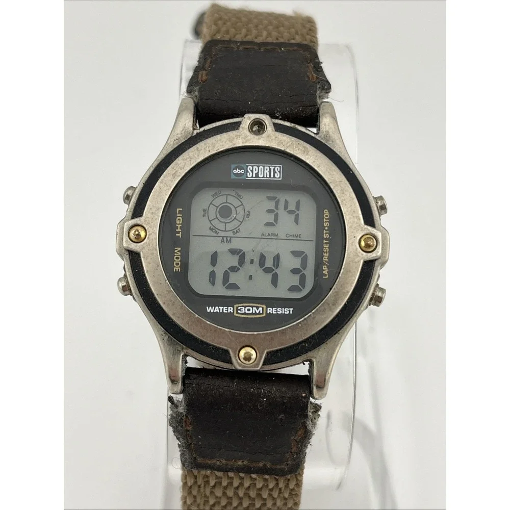 Vintage ABC Sports Watch Women 33mm Case Brown Nylon Band-‎ New Battery